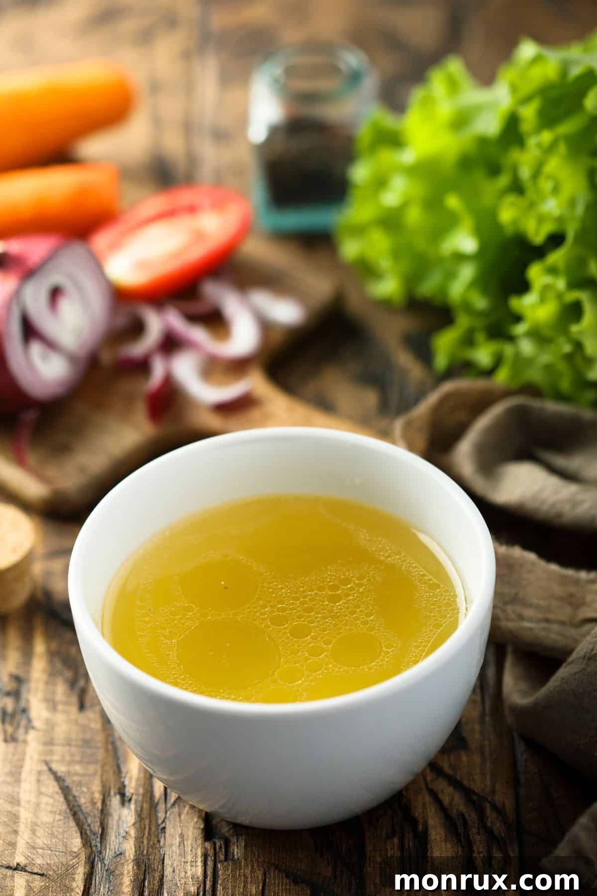 Bowl of golden chicken broth with fresh herbs and sliced vegetables.
