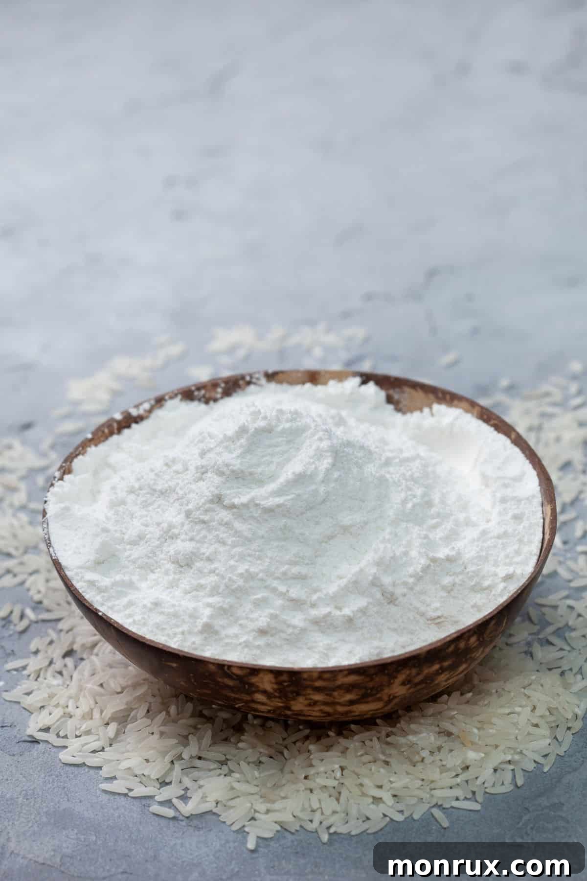 A bowl filled with finely milled rice flour, with a scattering of whole rice grains next to it, suggesting its origin.