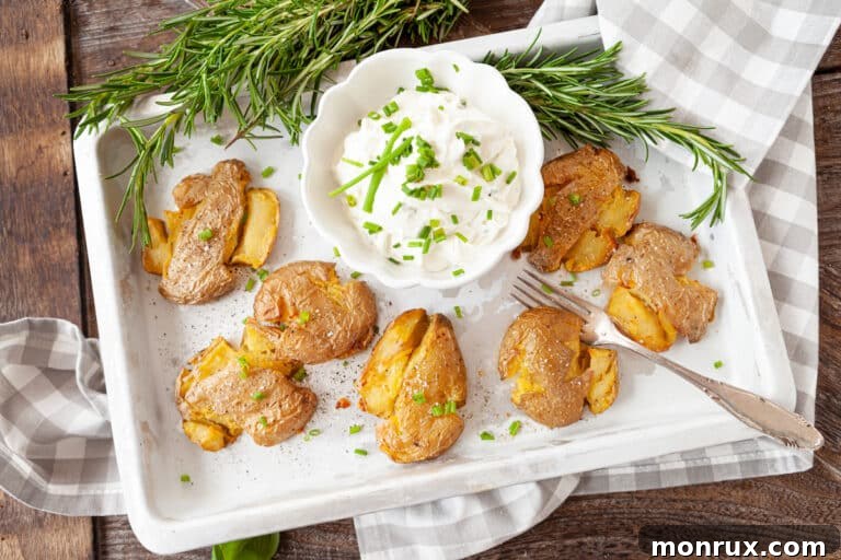 Air fryer smashed potatoes served elegantly on a platter, garnished with fresh herbs, ready to be enjoyed.