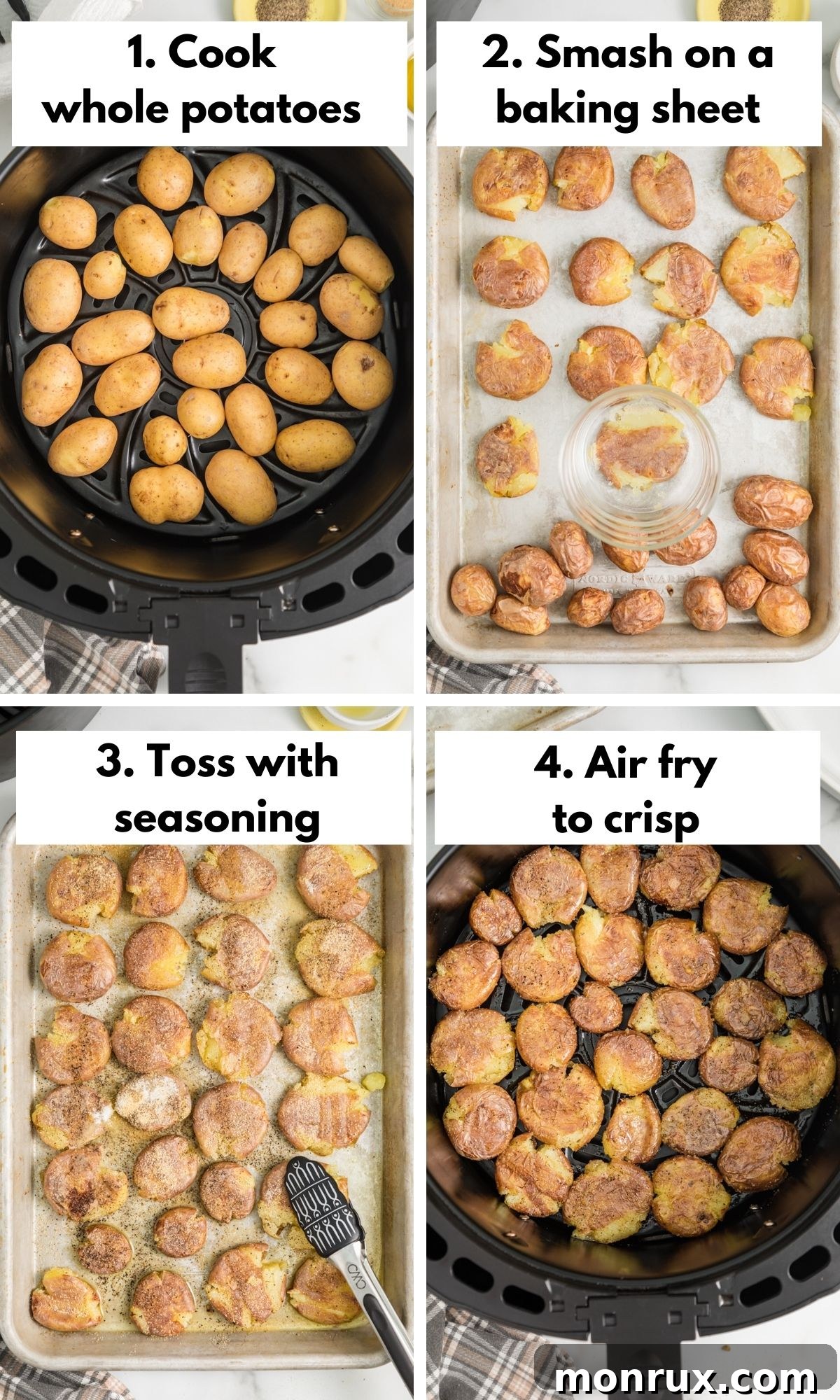 A four-panel process collage illustrating each step to make air fryer smashed potatoes, from cooking and smashing to seasoning and air frying.