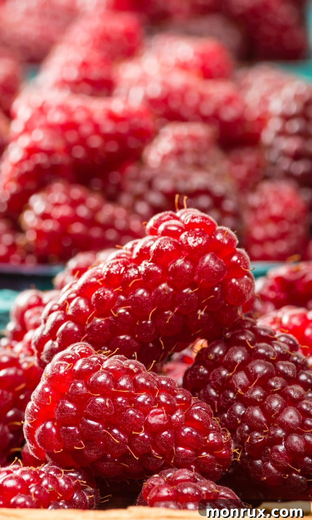 A close-up view of numerous ripe tayberries bunched together, displaying their rich reddish-purple hue and juicy texture.