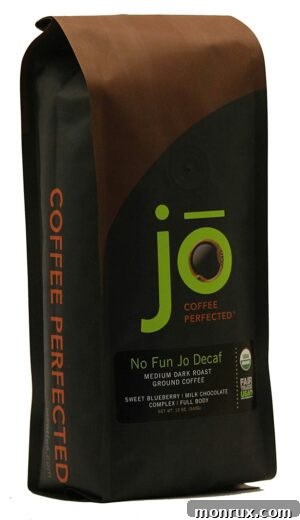 a bag of No Fun Jo Decaf Coffee. Jo Coffee's No Fun Jo offering.