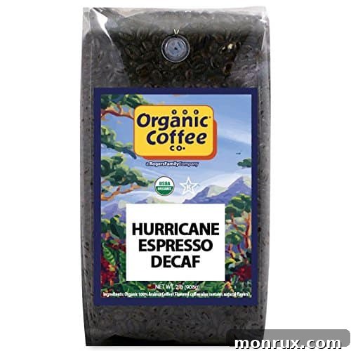 a bag of Hurricane Espresso Decaf Coffee. Organic Coffee Co.'s Hurricane Espresso Decaf.