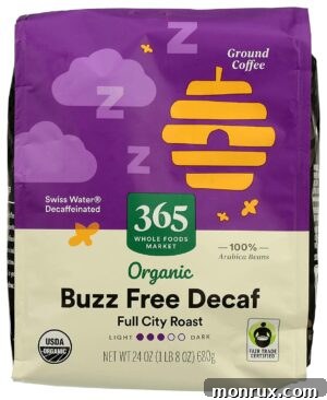 a bag of Buzz Free Decaf coffee. 365 WholeFoods Market Buzz Free Decaf.