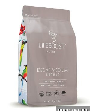 a bag of Lifeboost Coffee in decaf. Lifeboost Decaf Coffee for low-acid enjoyment.