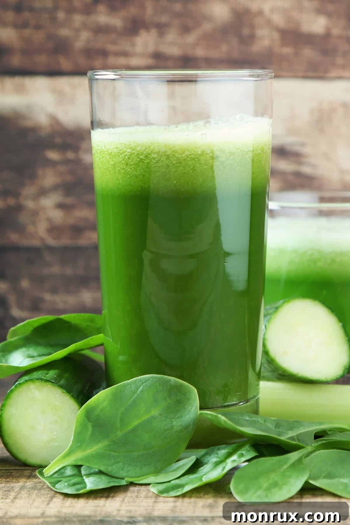Two glasses of vibrant green vegetable juice on a rustic wooden table, garnished with fresh mint.