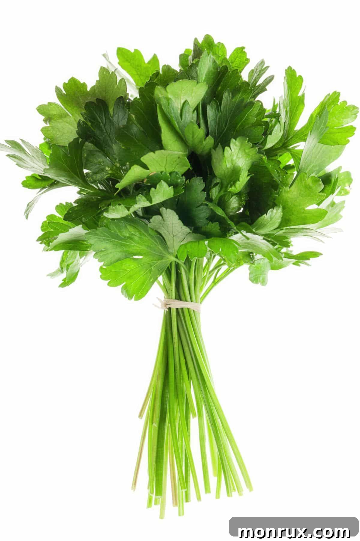 A vibrant bunch of fresh parsley on a wooden table, emphasizing its herbaceous quality.