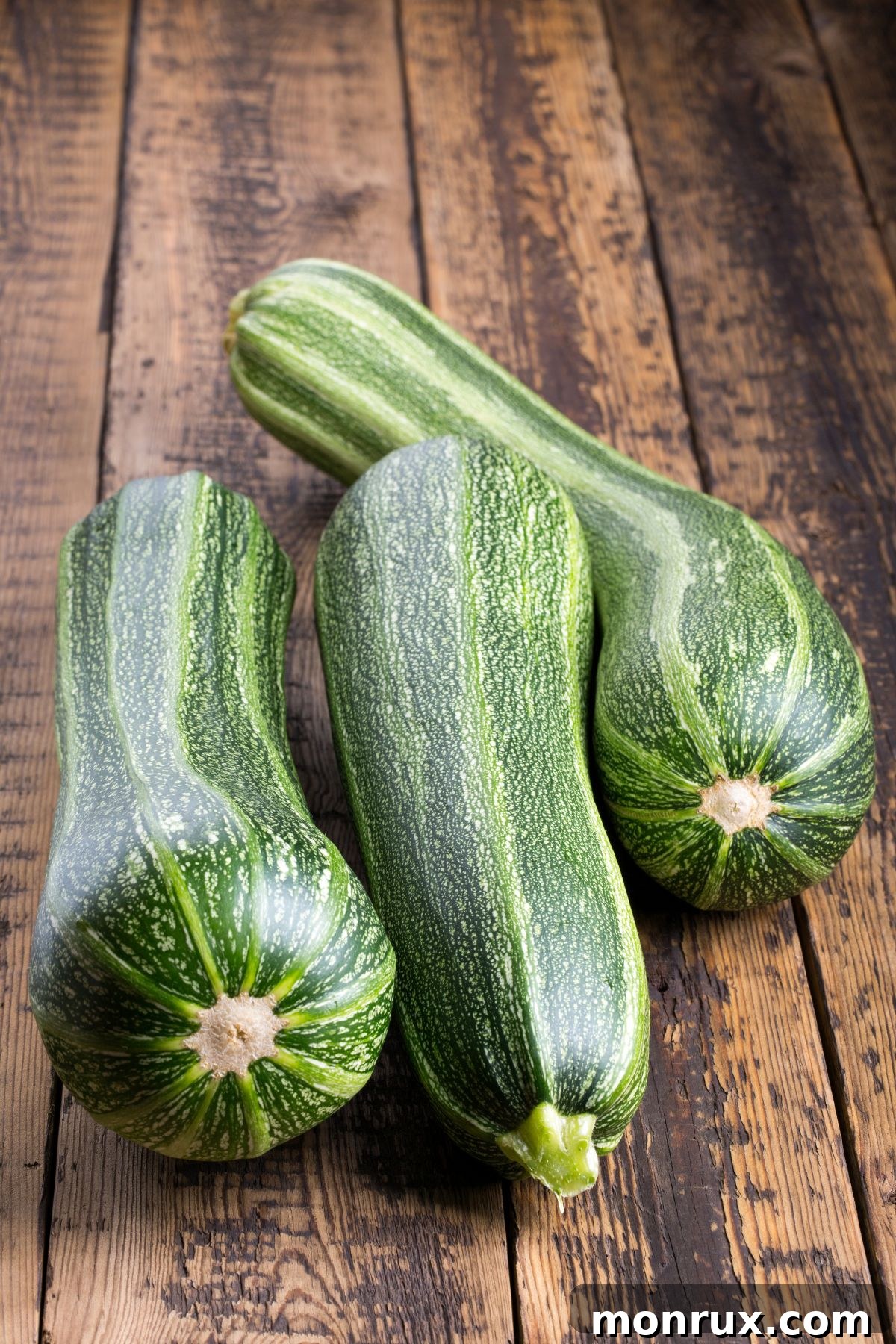 A fresh green zucchini on a wooden table, emphasizing its smooth skin and versatility.
