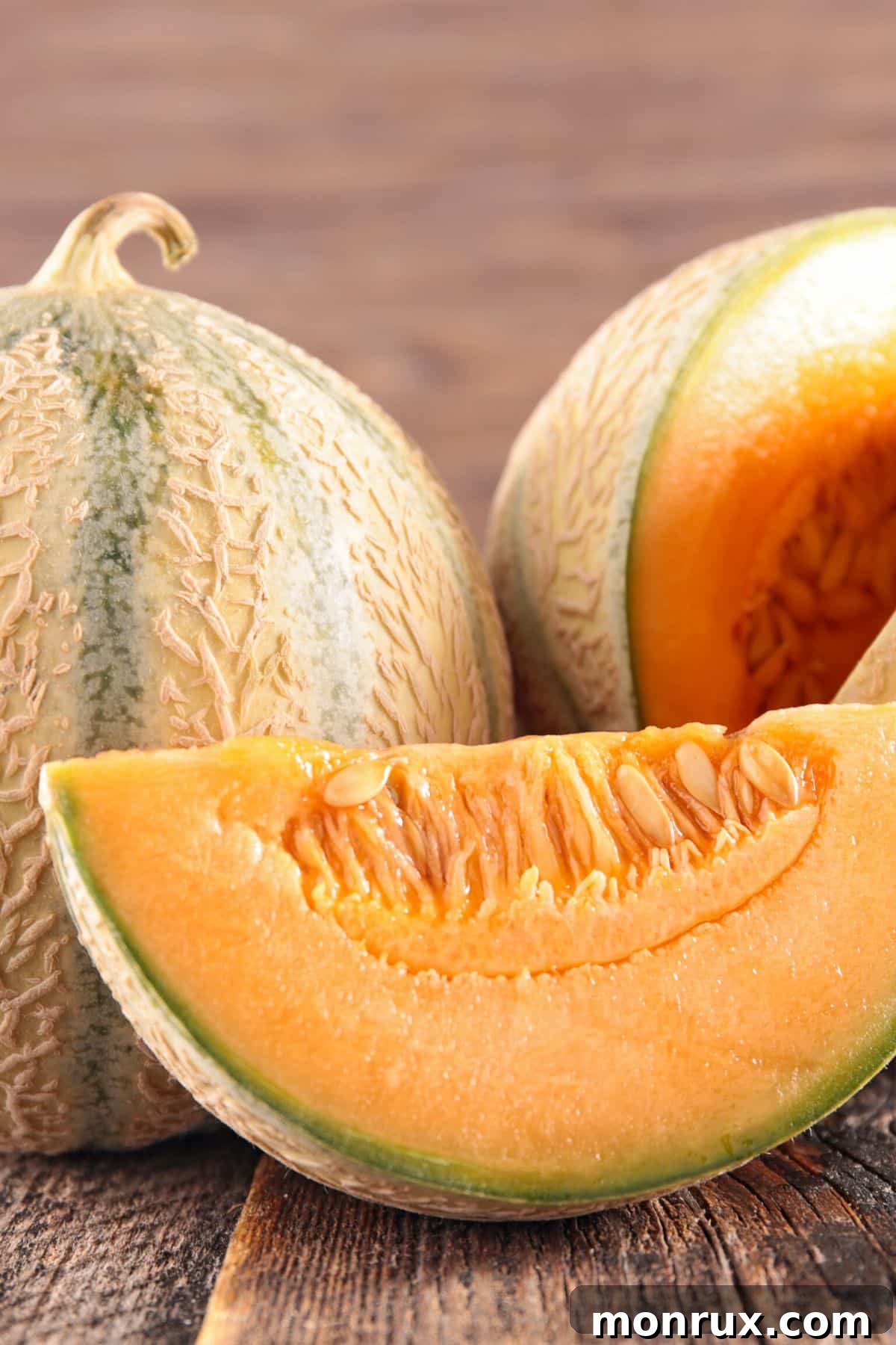 Two vibrant zebra melons rest on a rustic wooden surface, showcasing their distinctive striped green and yellow skins.