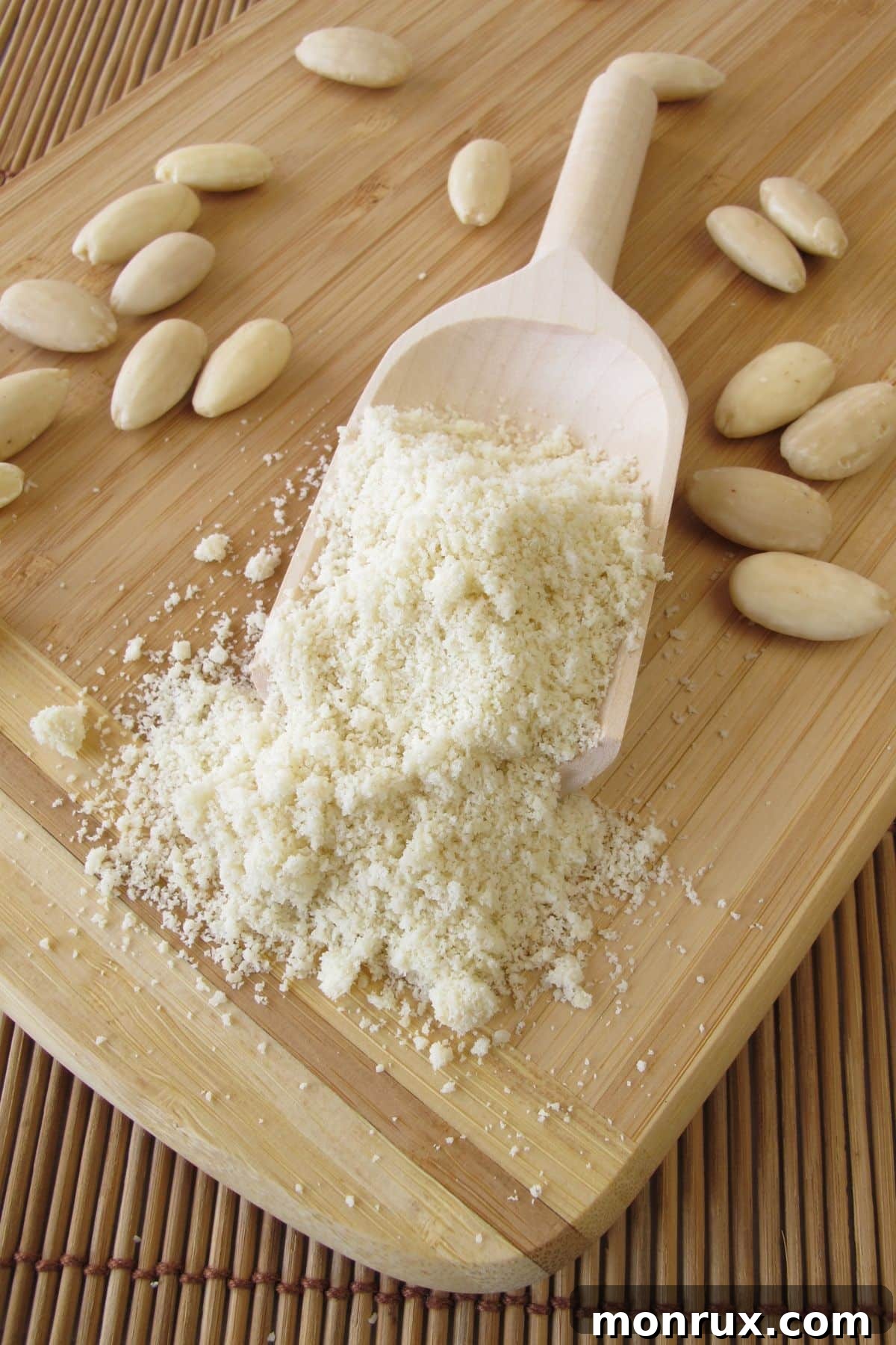 Wooden scoop with almond flour and raw almonds, showcasing the fine texture and natural ingredients.