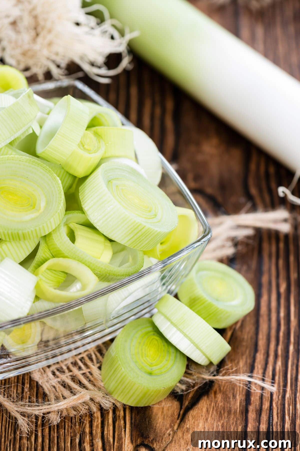 Bowl of sliced leeks on tabletop, ready for cooking. Highlighted are the white and light green parts of the leek.