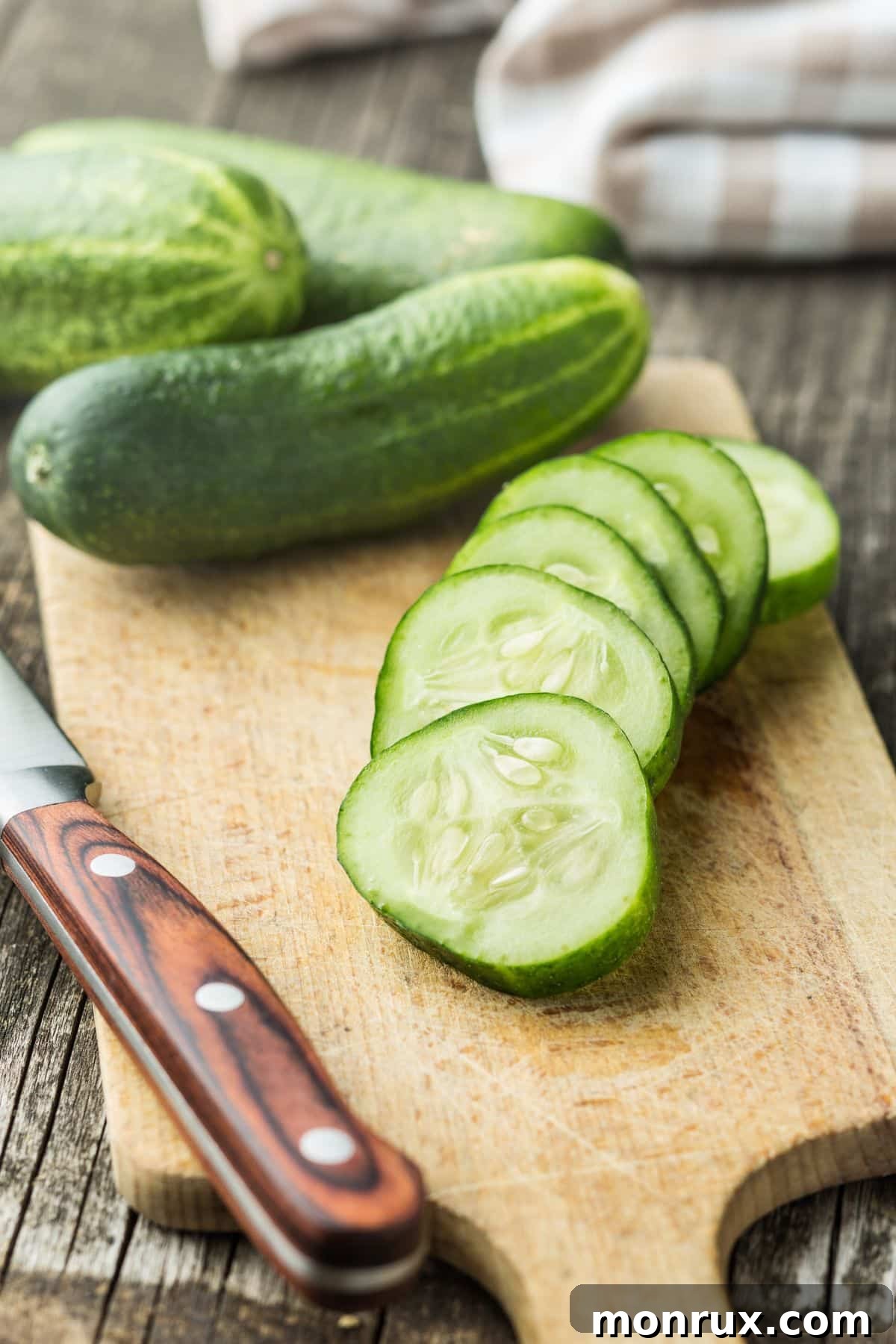 A wooden cutting board displaying whole fresh cucumbers alongside neatly sliced rounds, ready for enjoyment.