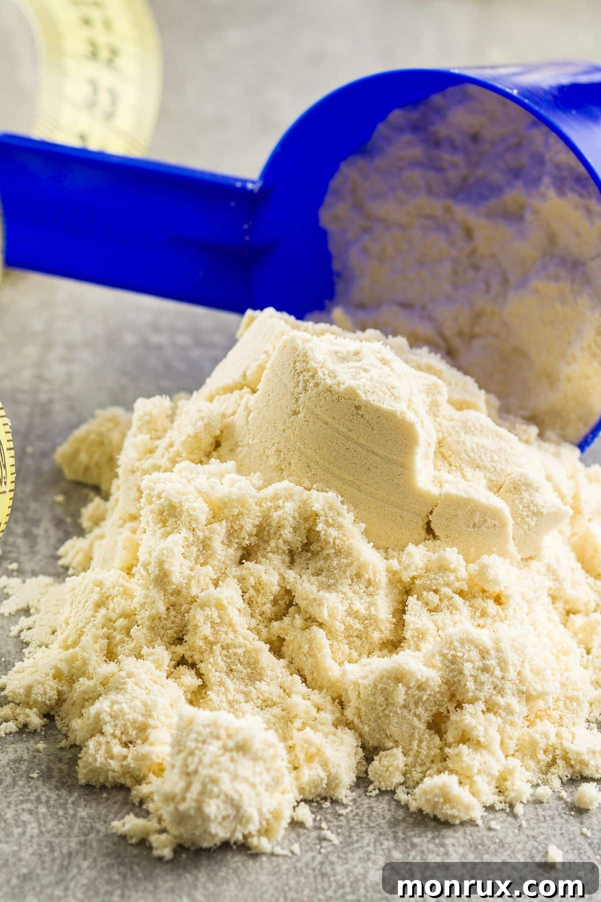 blue scoop with protein powder on a tabletop.