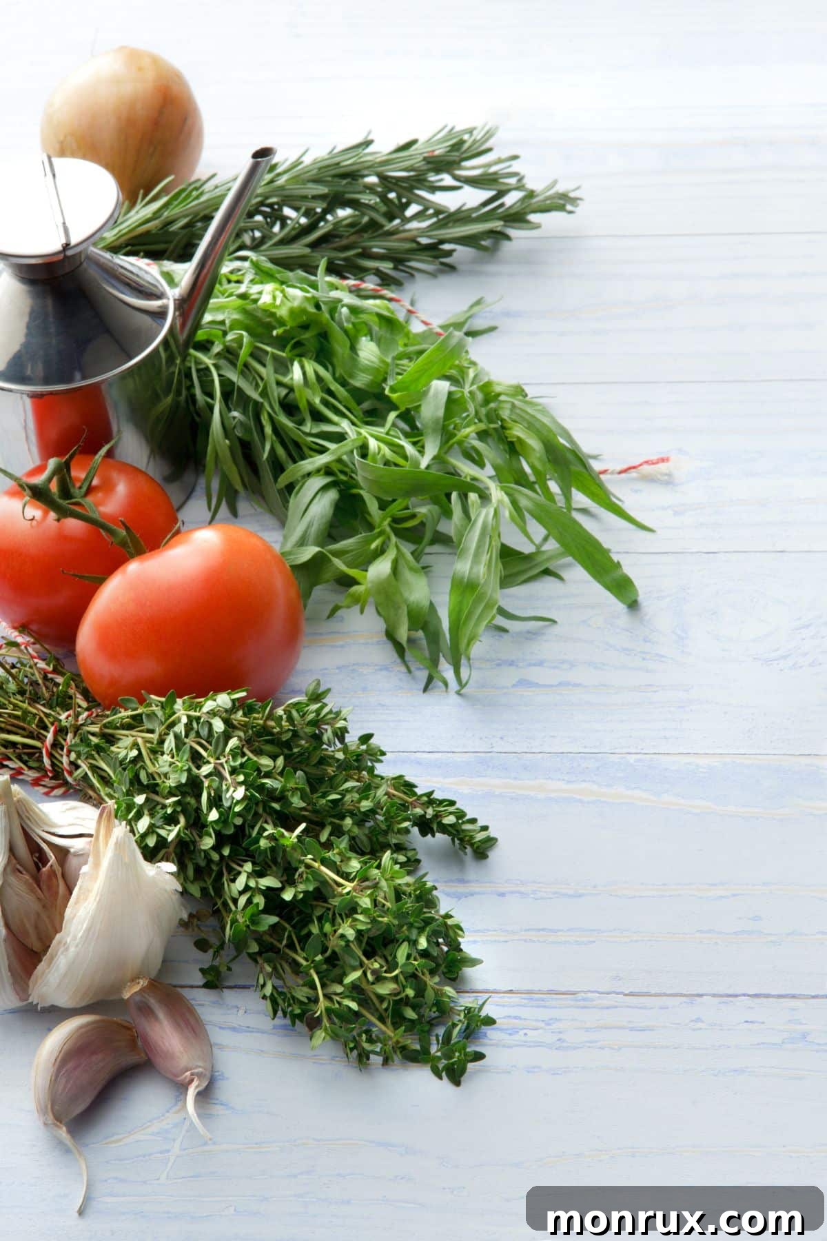 Fresh thyme, rosemary and marjoram for Italian Seasoning, vibrant and aromatic.