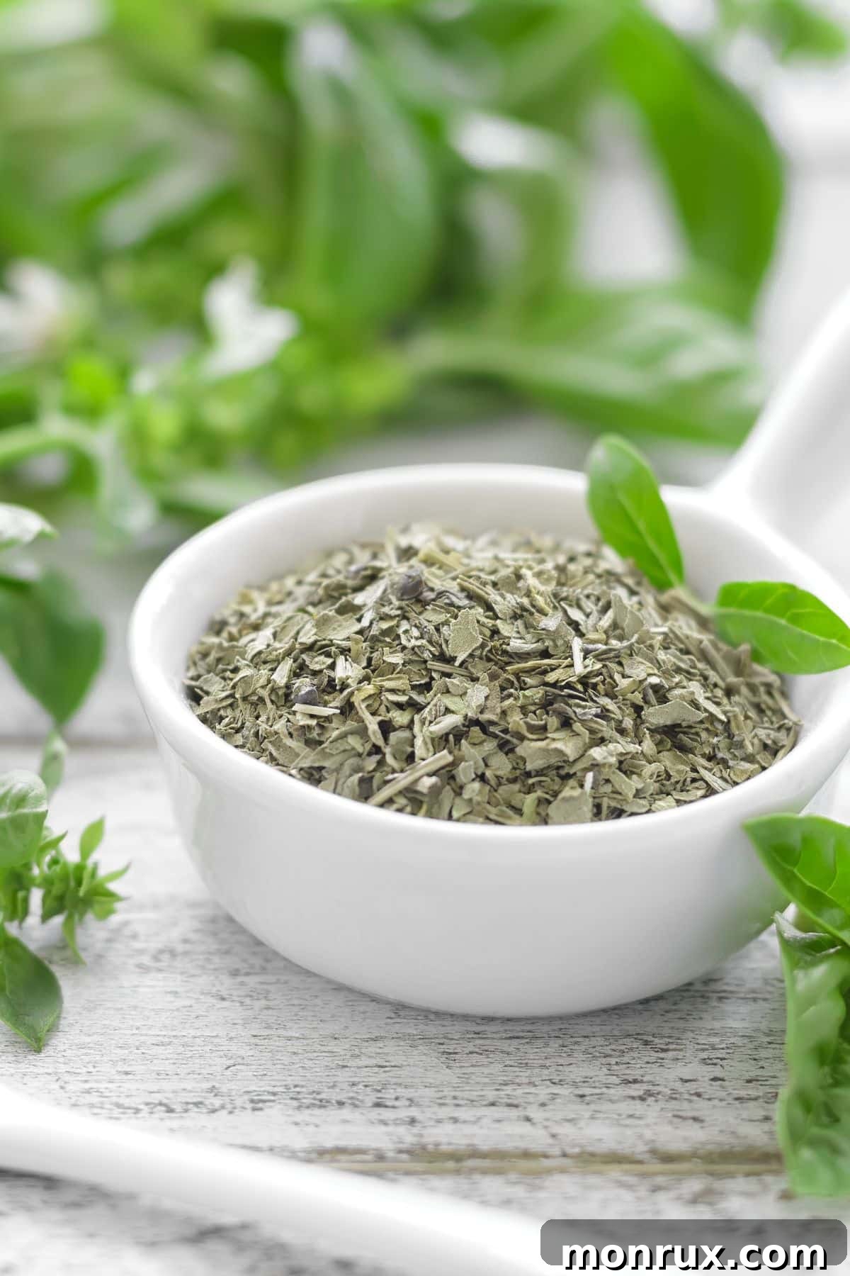 Dried basil with fresh basil behind the bowl, alongside oregano and thyme.