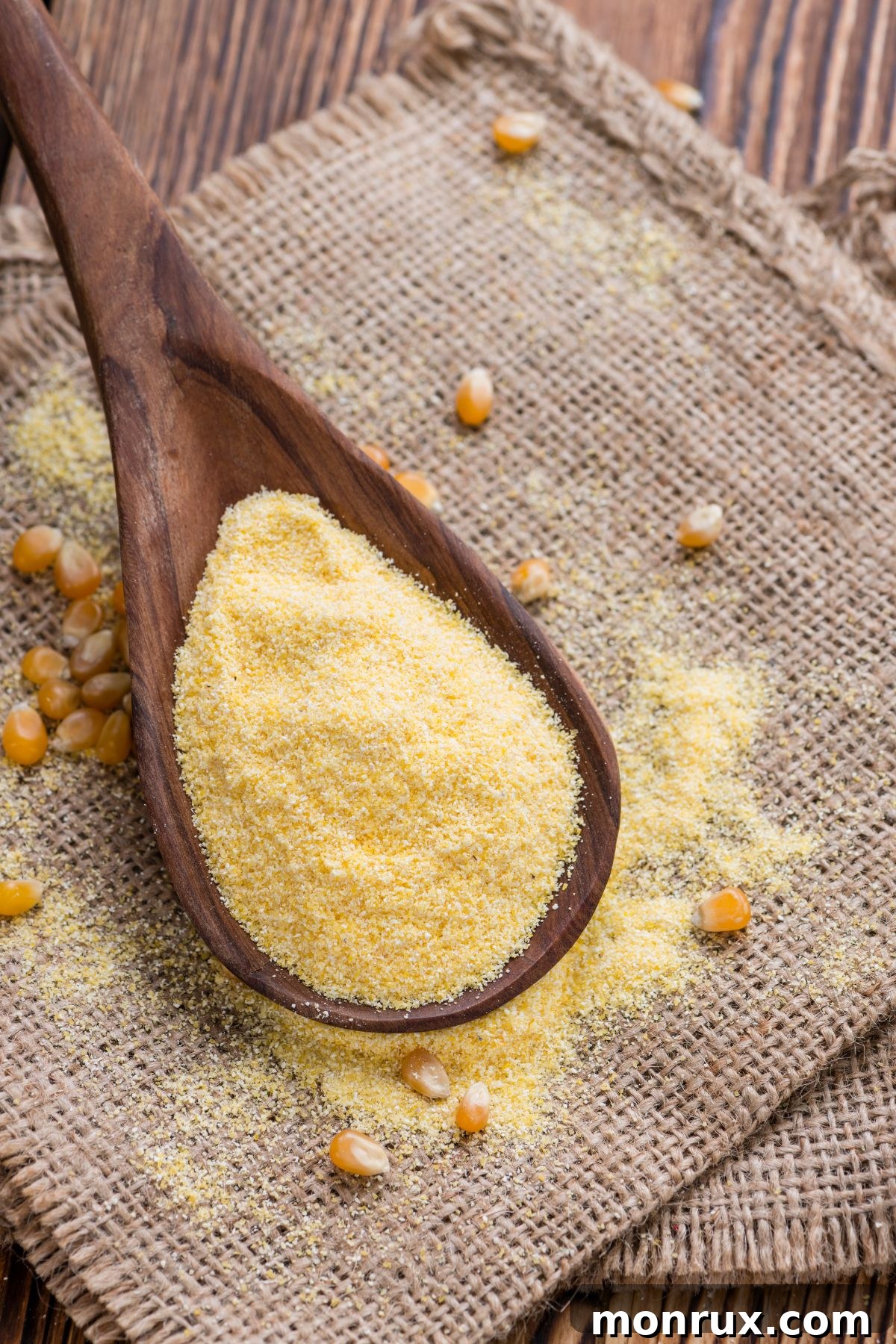 Spoon of cornmeal with corn kernels on burlap.