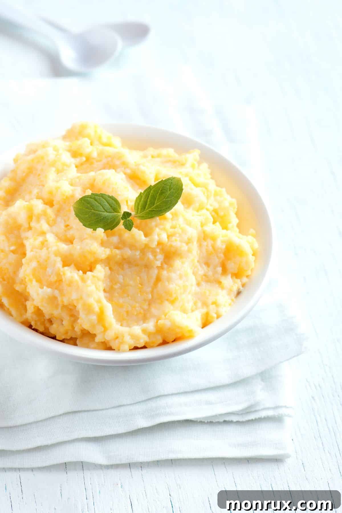 Bowl of polenta on white cloth and wooden surface.