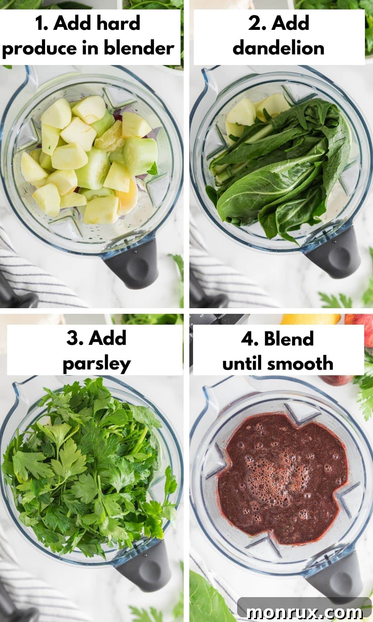 A photographic collage illustrating the process of making liver cleanse juice using a blender, from preparing ingredients to the final blend.