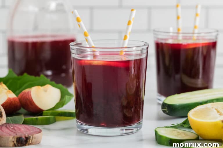 A glass of beet juice with two straws and a lemon slice, emphasizing the refreshing qualities of the liver cleanse juice.