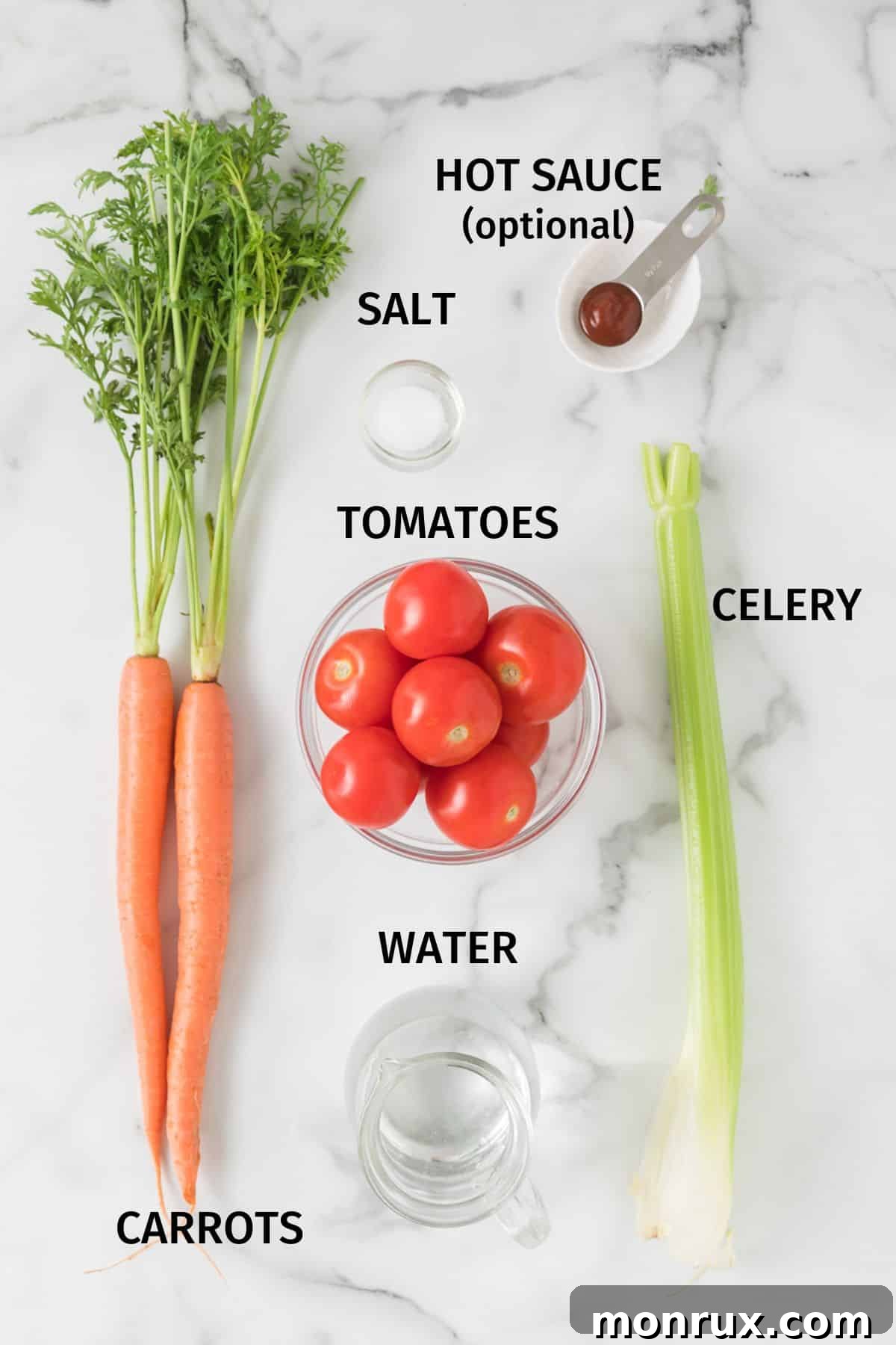 Ingredients to make tomato juice on a white surface.