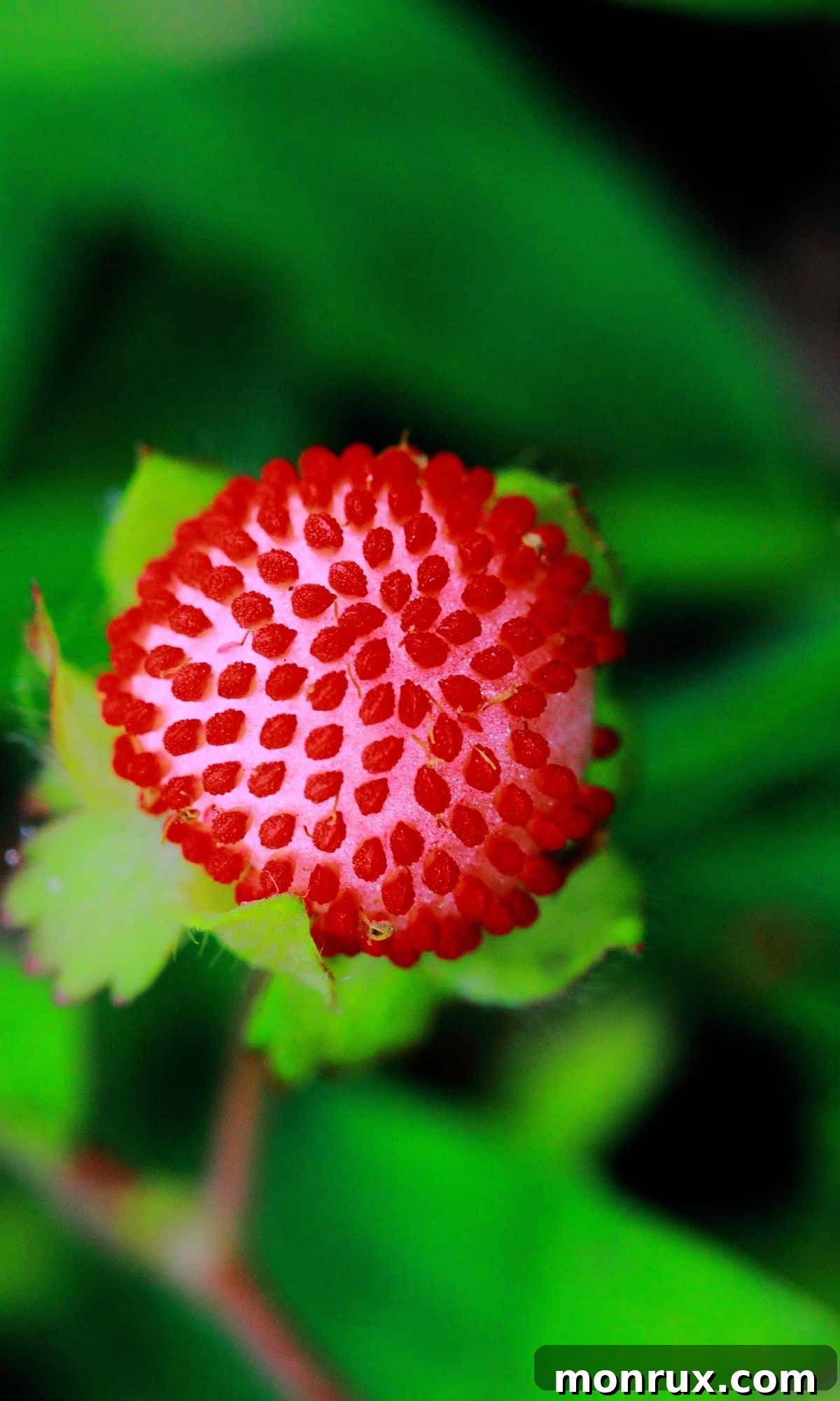 A single vibrant red Indian strawberry nestled among its green leaves on a plant, ready for picking.