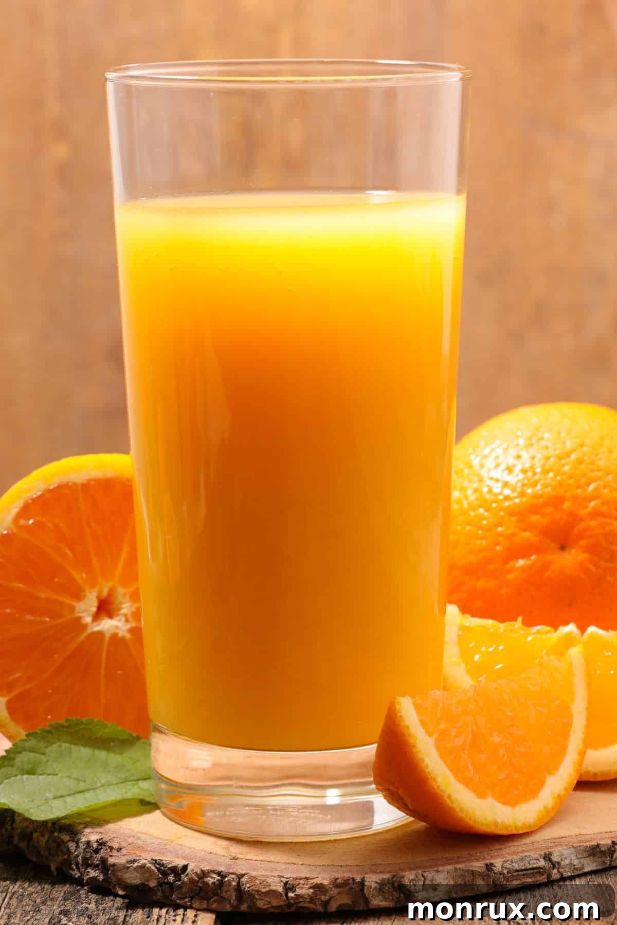 Tall glass of orange juice surrounded by orange slices, symbolizing natural energy and vitality.