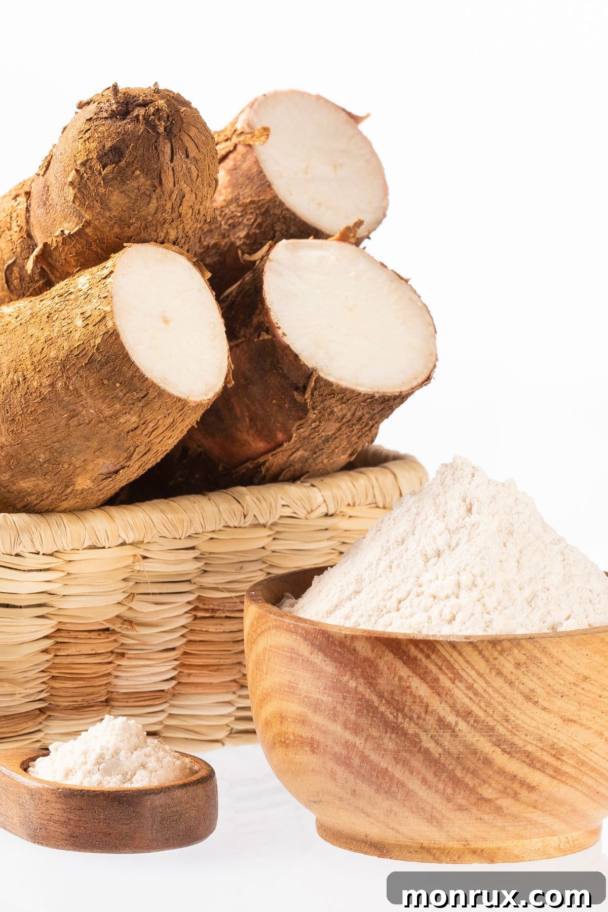 Arrowroot plant in basket with bowl of arrowroot powder.