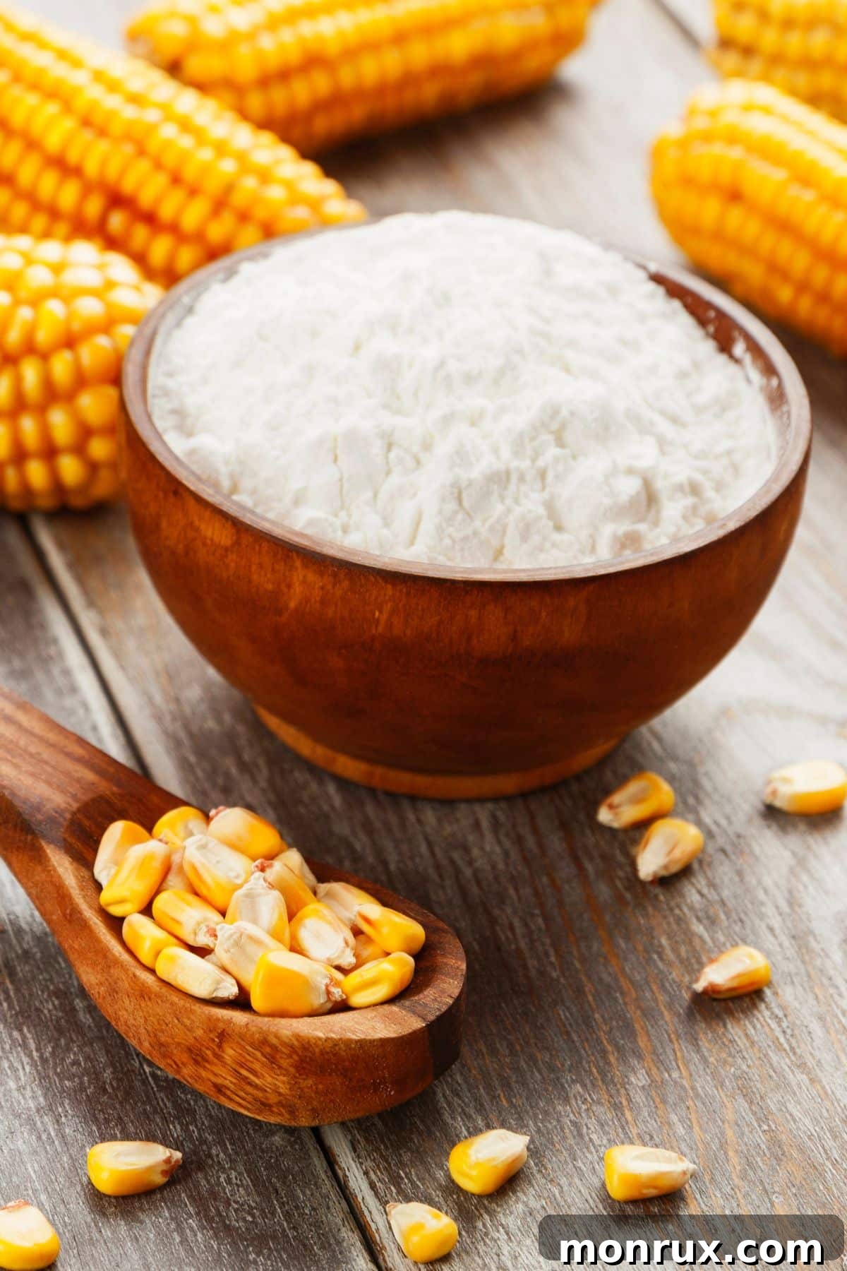 Spoonful of corn kernels with bowl of cornstarch.