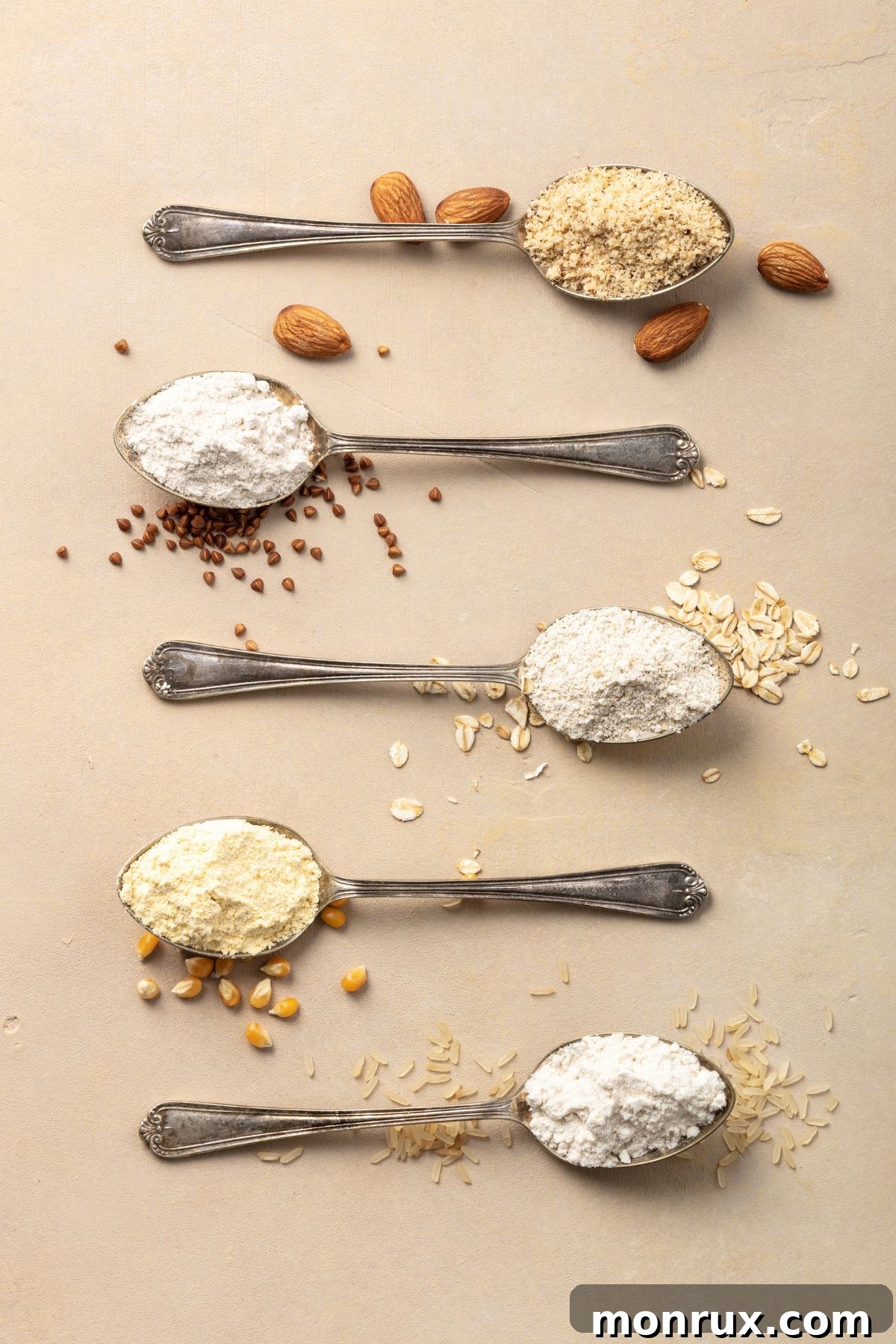 Spoons with different types of gluten free flours.
