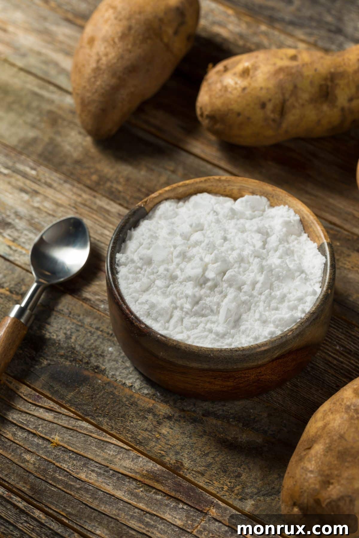 Bowl of potato starch powder with whole potatoes.