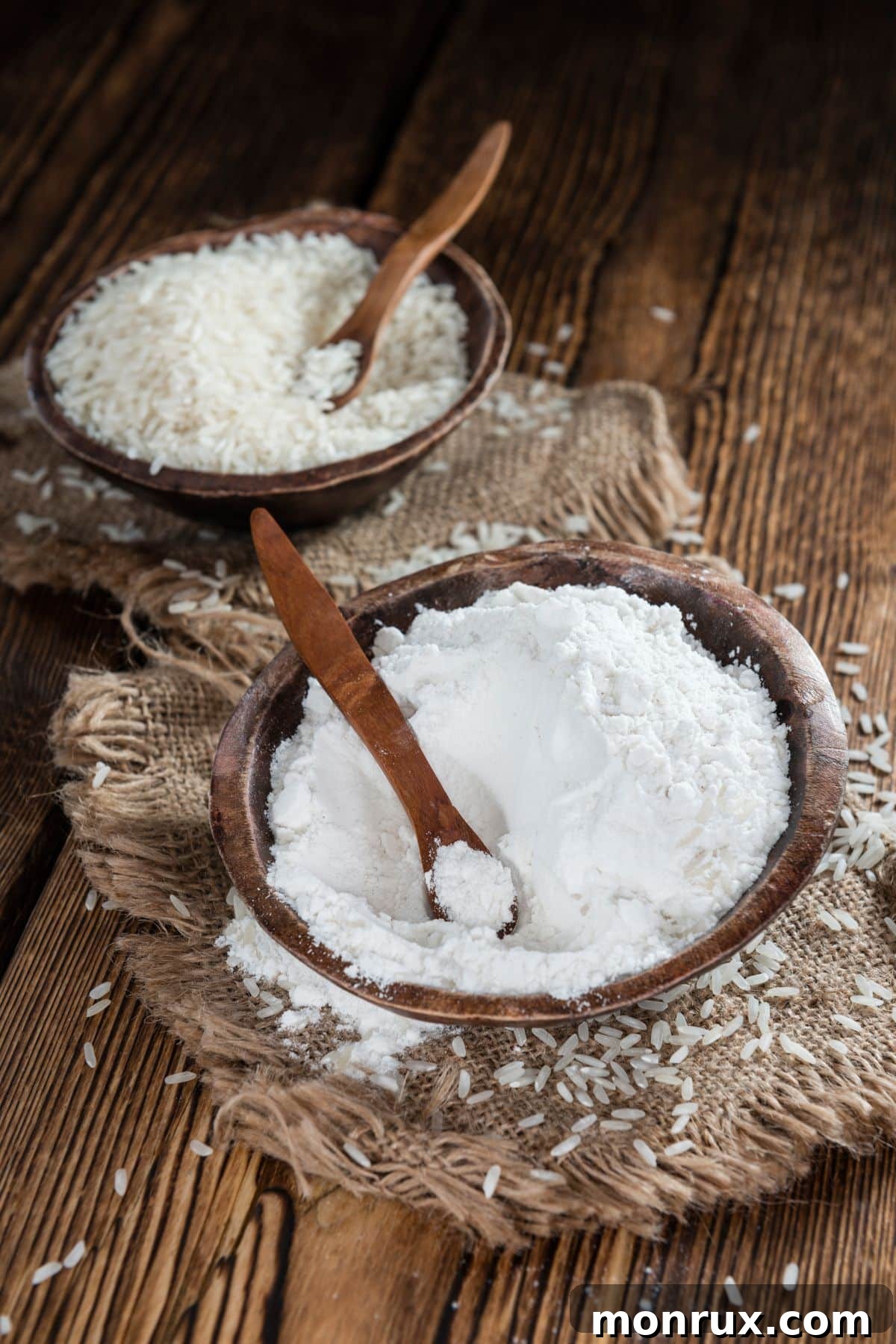 Bowl of rice flour beside bowl of rice grains.