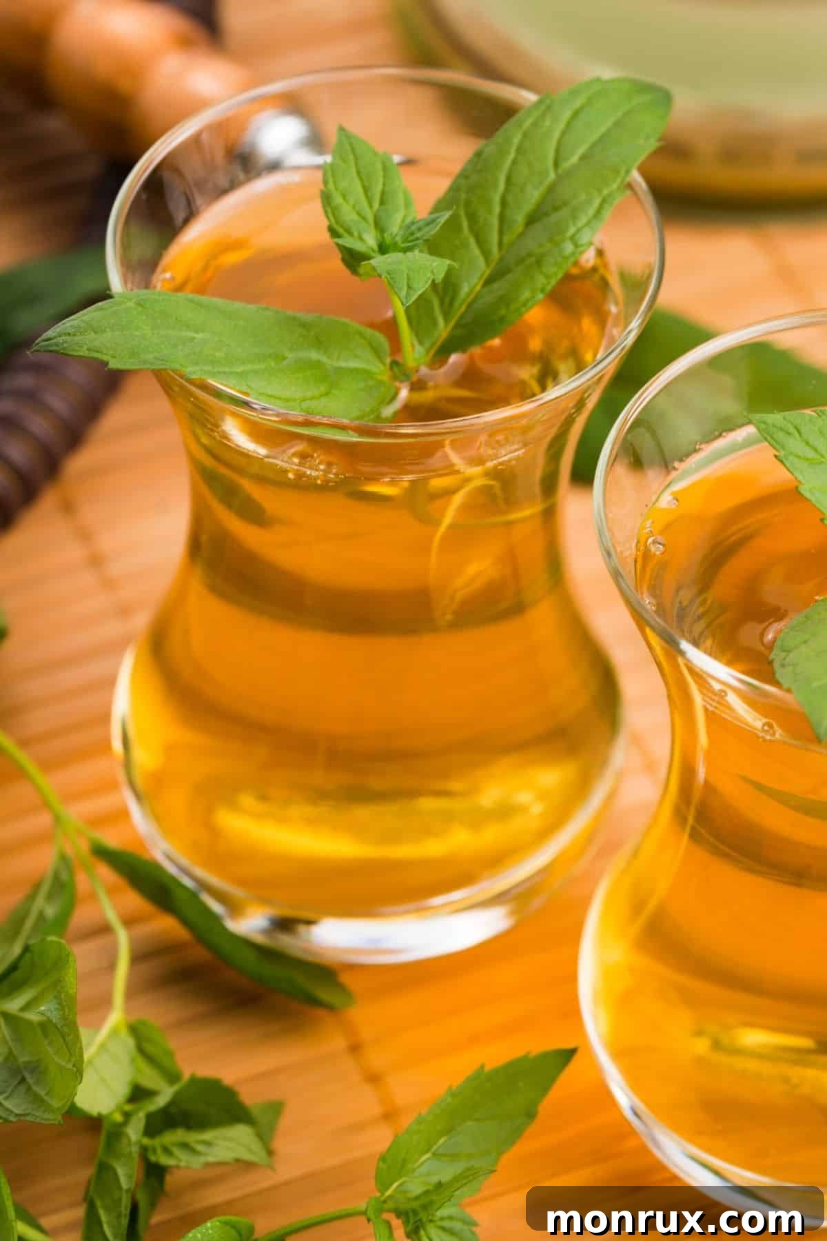 Two glasses filled with tea and mint leaves.