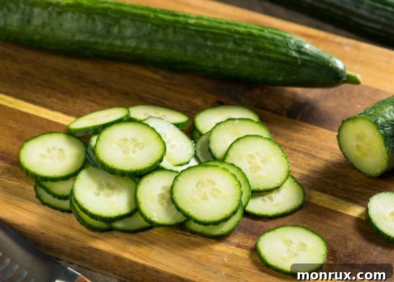 Whole cucumbers and freshly sliced rounds on a wooden cutting board, ready for freezing.