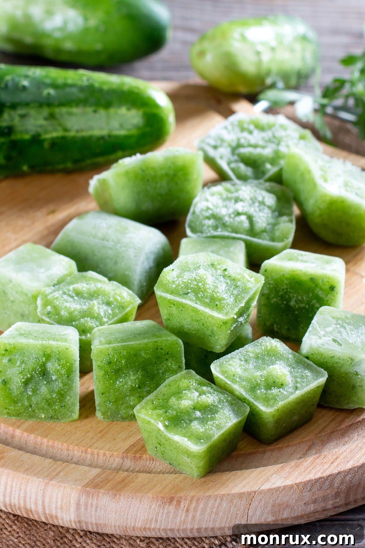 Vibrant green frozen cucumber puree cubes arranged neatly on a wooden cutting board.