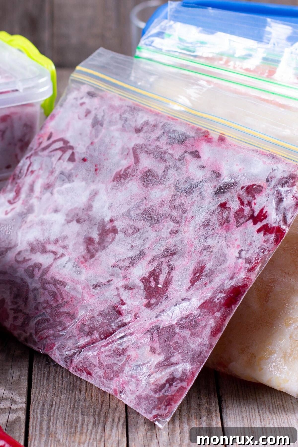Baggies and containers of frozen shredded beets, ready for long-term storage.