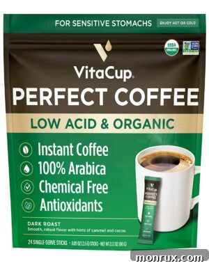 A bag of VitaCup Perfect Coffee single-serving packets, emphasizing its convenience for travel and on-the-go consumption.