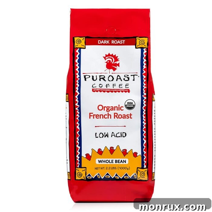 A vibrant red bag of Puroast Coffee whole beans, highlighting its claim of 70% less acid.