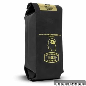 A sleek black bag of Mastermind Coffee, highlighting its suitability for a low acid espresso shot.