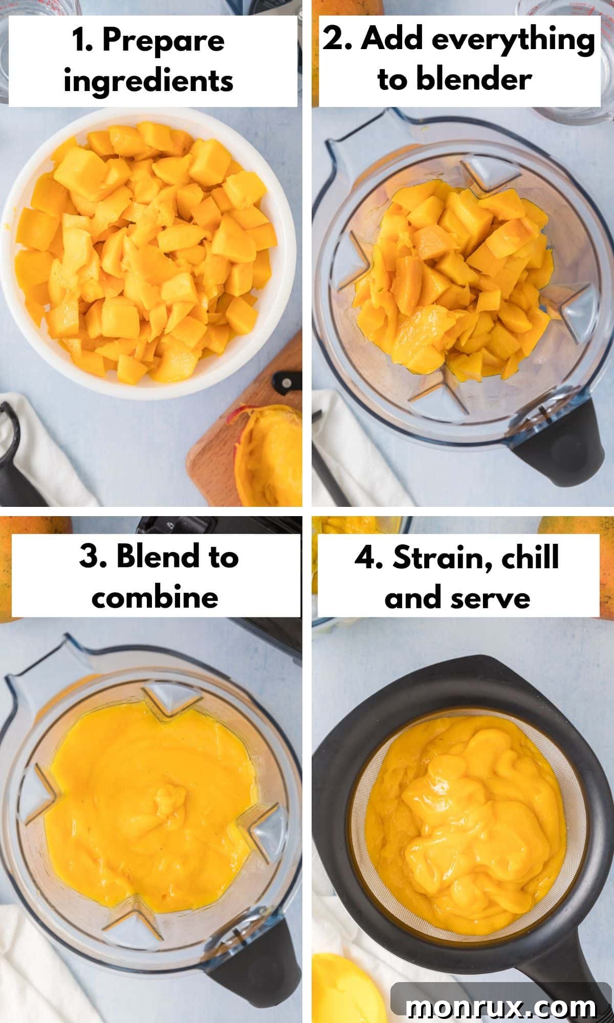 A four-panel process collage demonstrating how to make mango juice in a blender: first, showing cut mango pieces; second, mangoes and water in a blender; third, the blended mixture being strained through a sieve; and fourth, the finished juice poured into a glass.