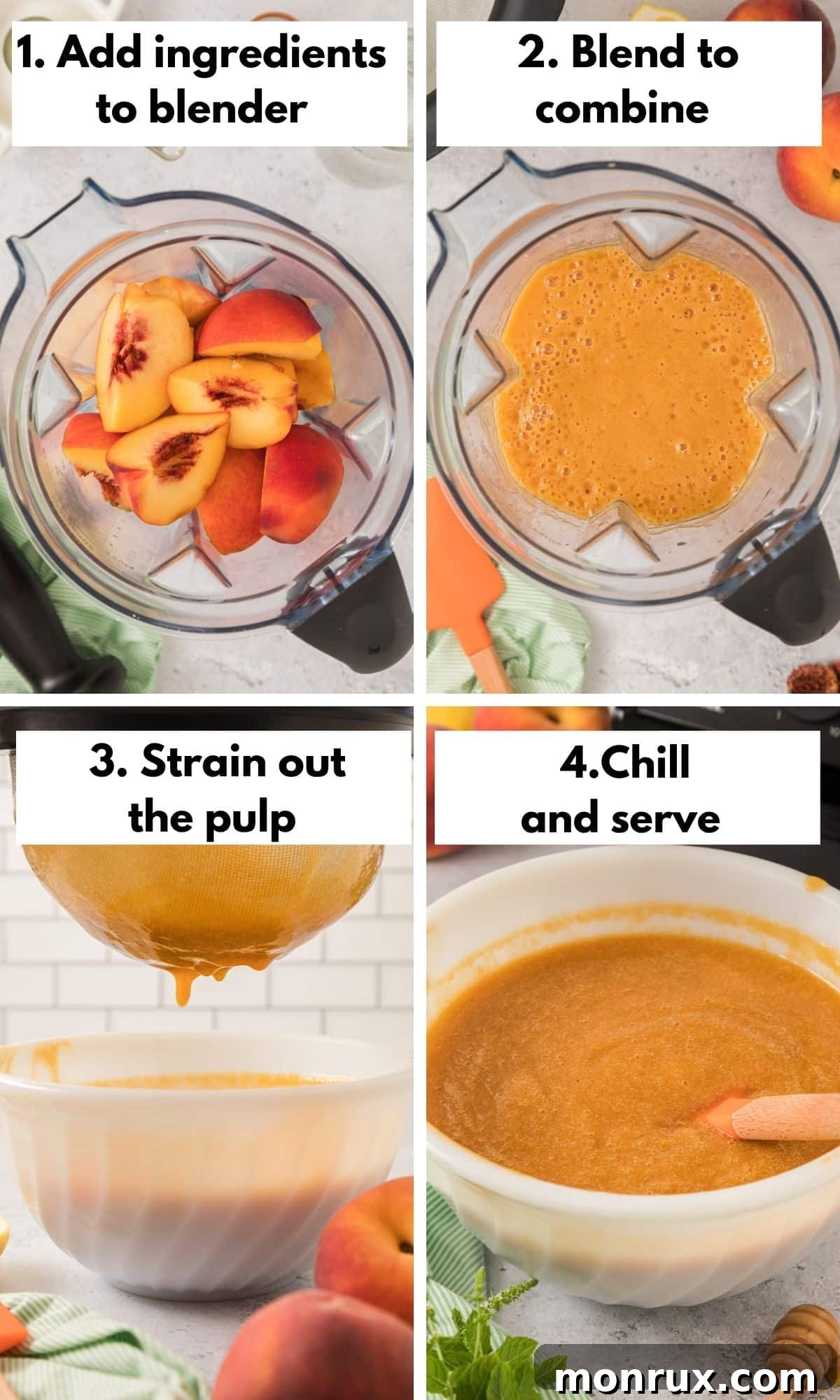 A collage showing the process of making peach juice: blending peaches, straining, and serving.