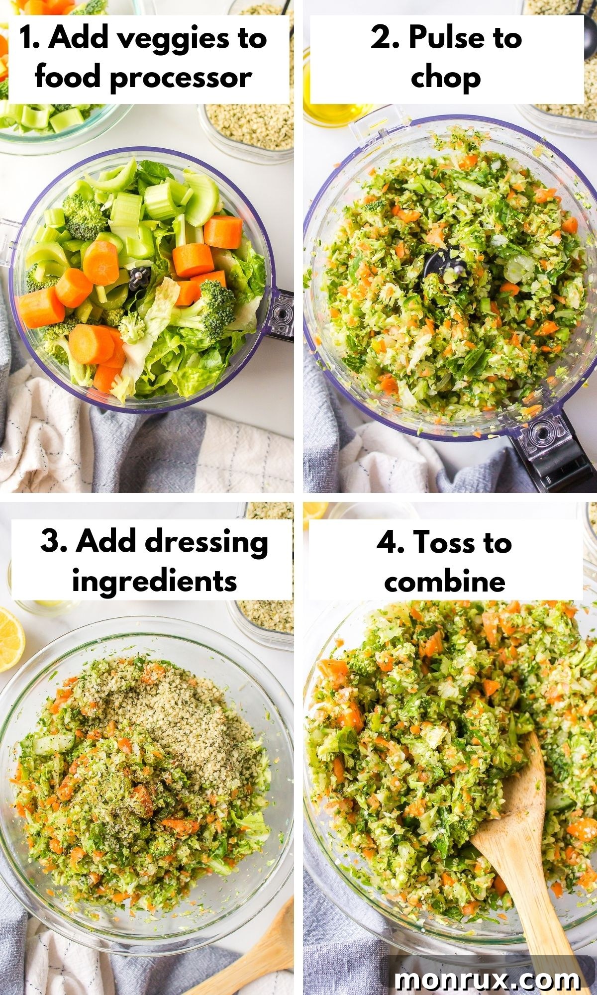 Process collage of chopped veggie salad in the food processor.