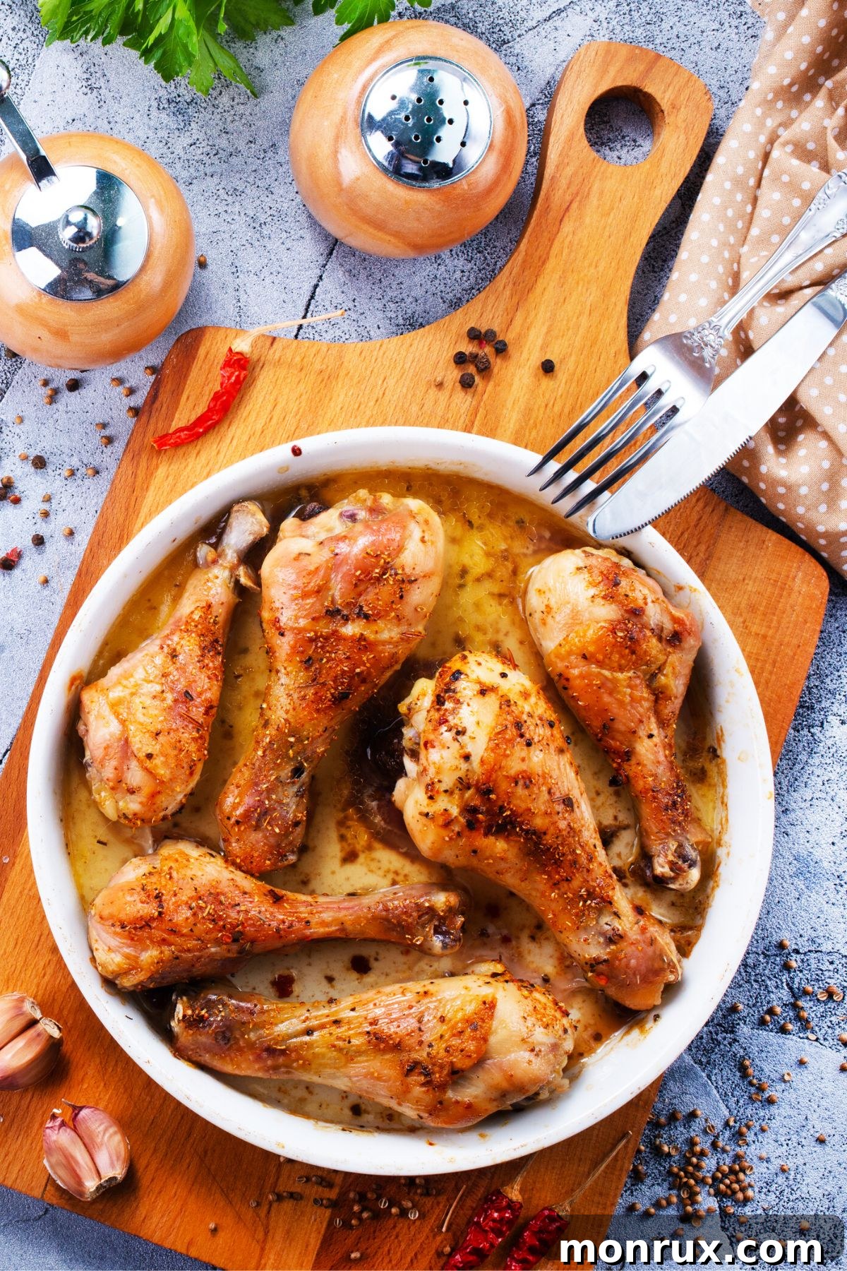 A white plate filled with golden brown, crispy fried chicken drumsticks, perfectly cooked.