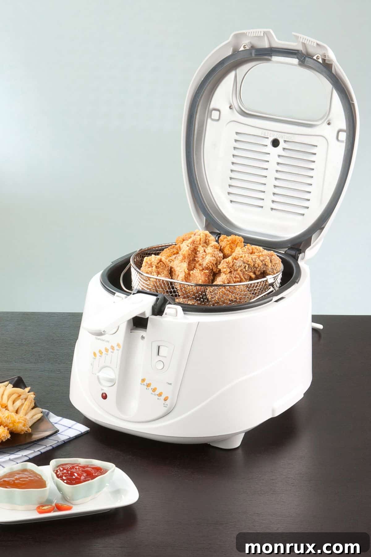 White deep fryer with its lid open, revealing crispy fried chicken pieces cooking inside the hot oil.