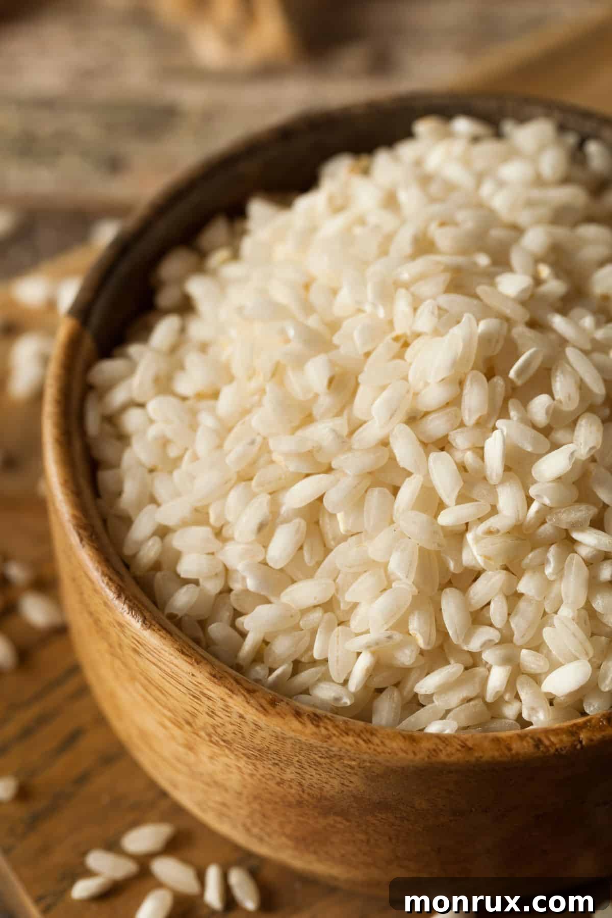 Bowl of arborio rice on wooden surface.