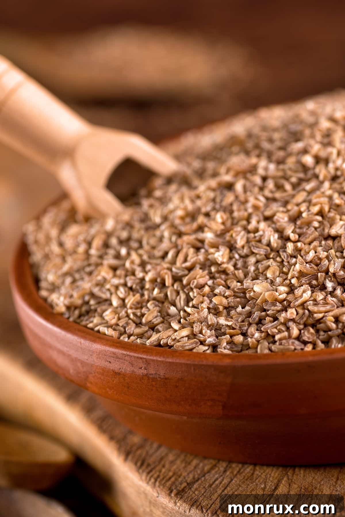 Bowl of bulgur wheat on wooden surface.