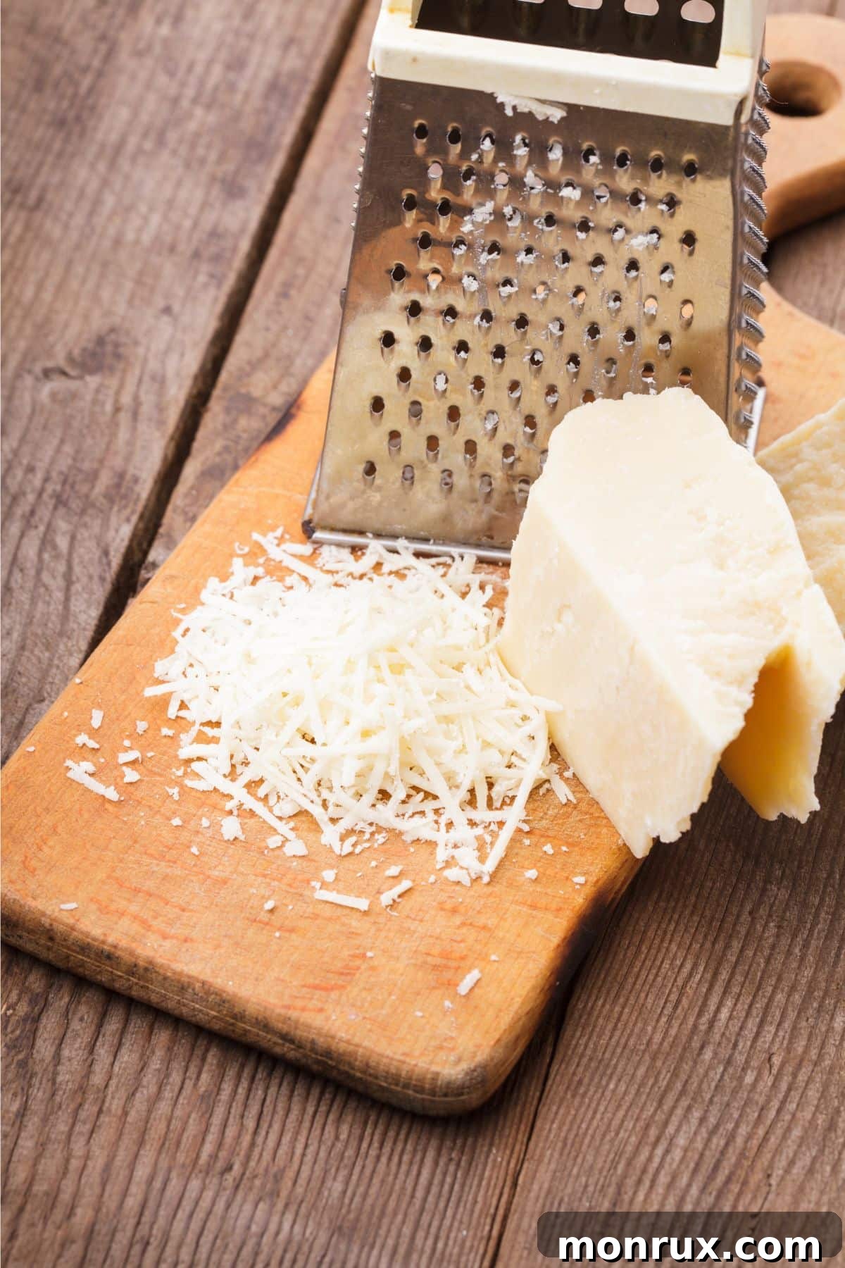 Grated parmesan cheese on wooden surface.