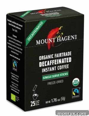 A box of Mount Hagen organic instant decaf coffee, featuring its distinct branding.