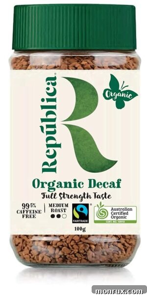 A jar of República Organic Decaf Coffee, showing its elegant design.