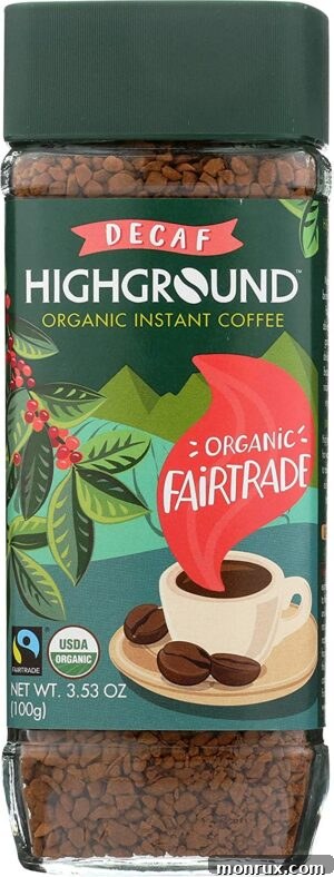 A jar of Highground Instant Decaf Coffee, with its straightforward label.