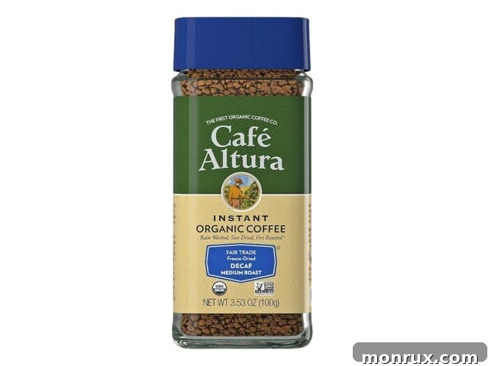 Cafe Altura instant decaf coffee packaging, showcasing its organic origins.